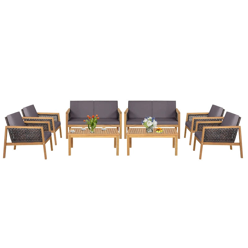 Ensemble de meubles de patio en rotin 8 pièces avec canapé rembourré en bois d'acacia