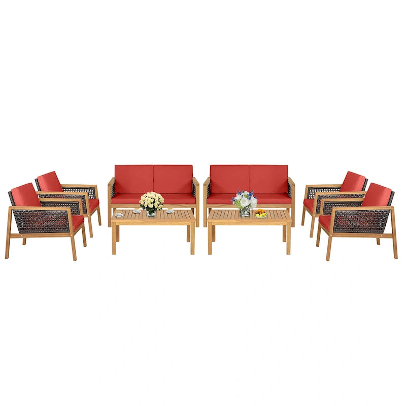 Ensemble de meubles de patio en rotin 8 pièces avec canapé rembourré en bois d'acacia