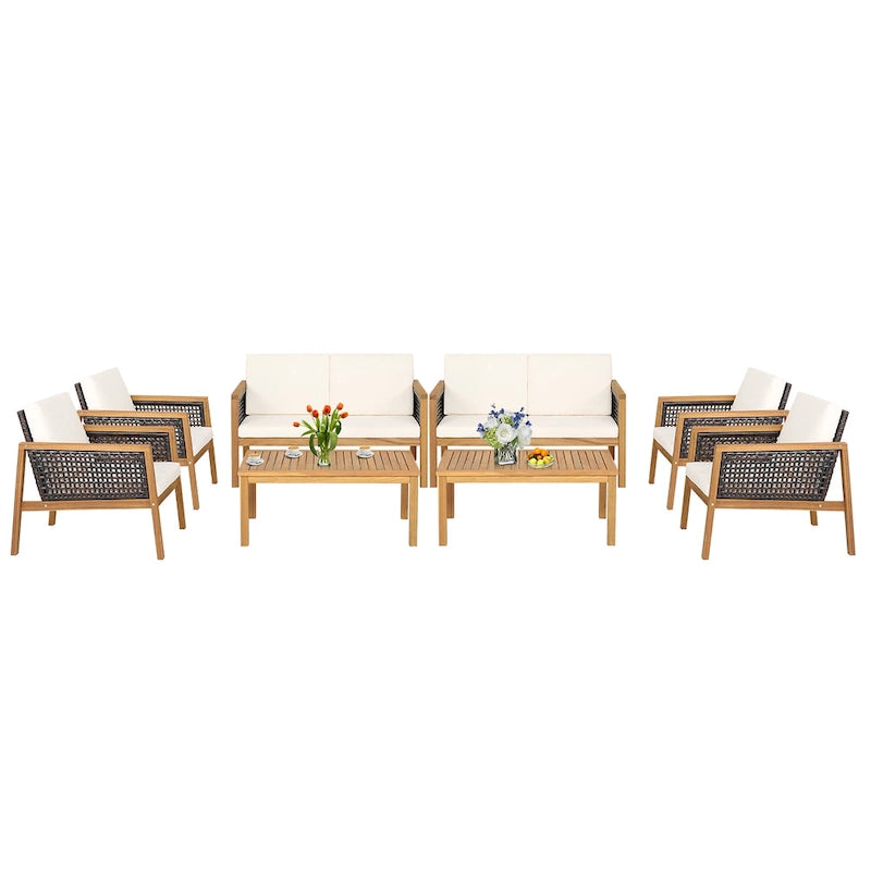 Ensemble de meubles de patio en rotin 8 pièces avec canapé rembourré en bois d'acacia