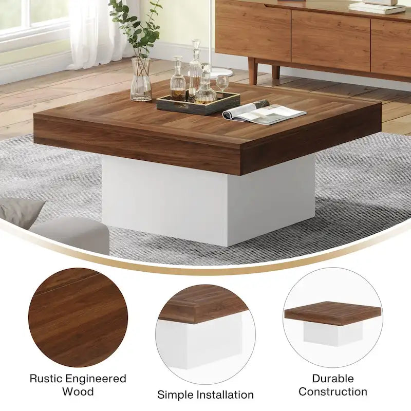 Table basse de ferme carrée, table basse LED en bois composite pour salon