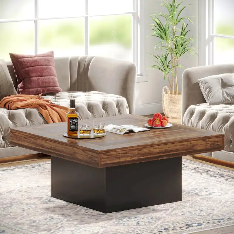 Table basse de ferme carrée, table basse LED en bois composite pour salon