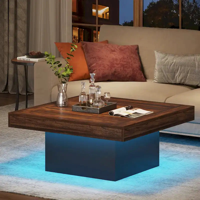 Table basse de ferme carrée, table basse LED en bois composite pour salon