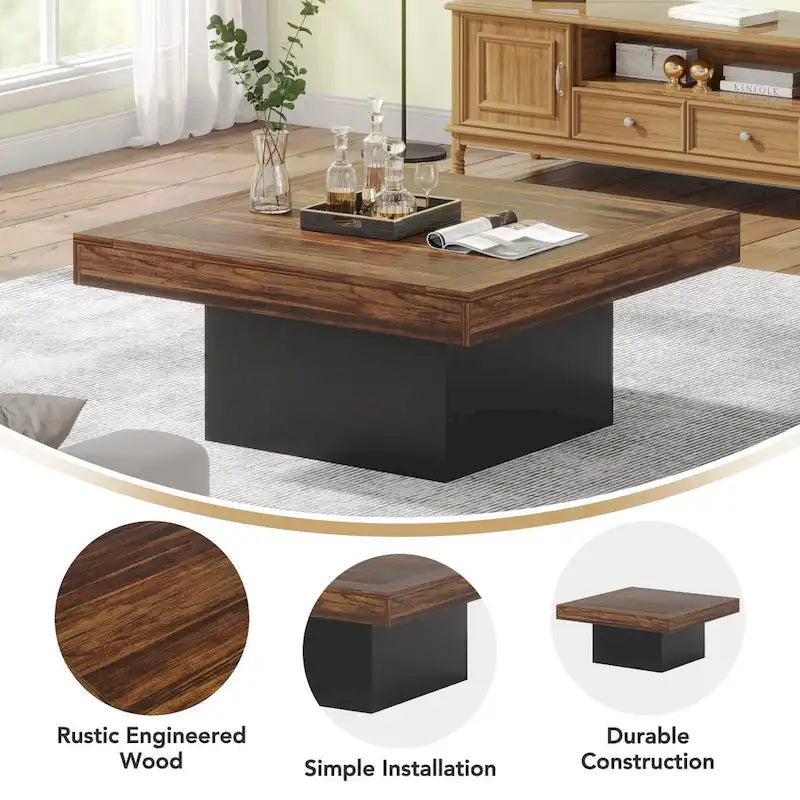 Table basse de ferme carrée, table basse LED en bois composite pour salon