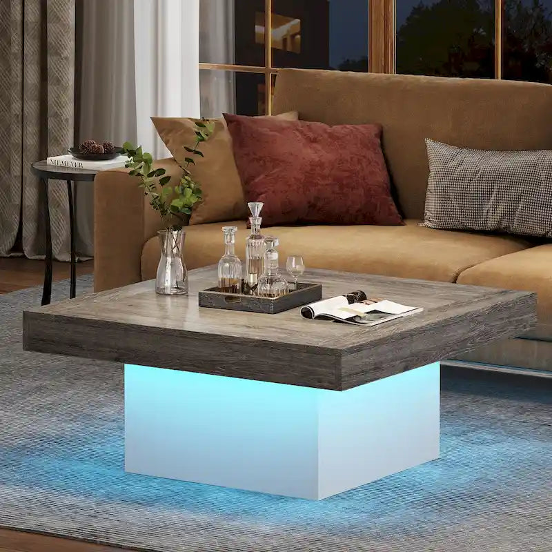 Table basse de ferme carrée, table basse LED en bois composite pour salon