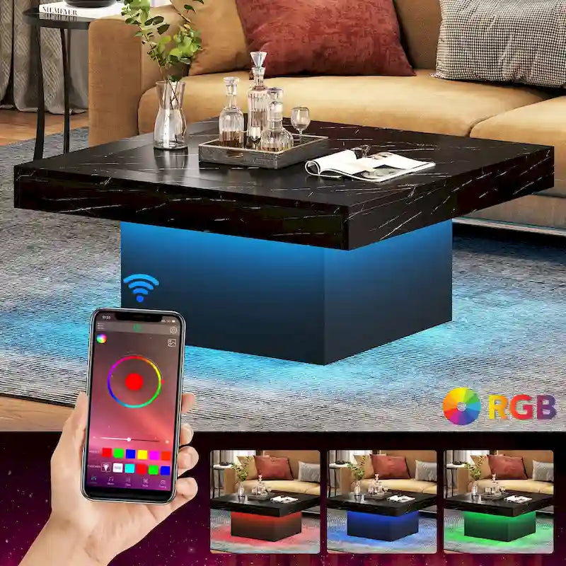 Table basse de ferme carrée, table basse LED en bois composite pour salon