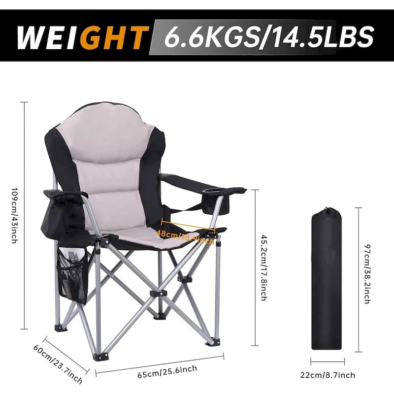 Chaise de camping chauffante, Chaise pliante de camping chauffante, Dossier de chaise réglable, Sac isotherme, Porte-gobelet et Support zippé