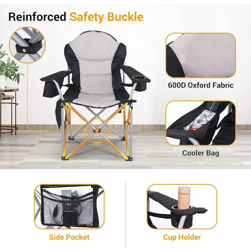 Chaise de camping chauffante, Chaise pliante de camping chauffante, Dossier de chaise réglable, Sac isotherme, Porte-gobelet et Support zippé