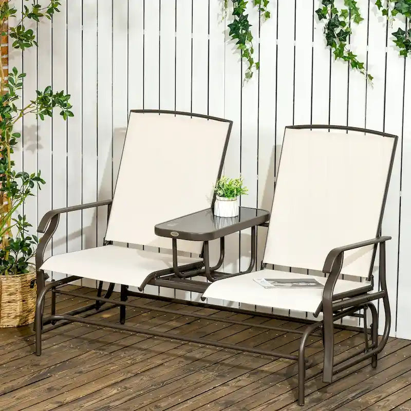 Balançoire de jardin Outsunny 2 places avec table centrale, cadre en acier pour jardin, terrasse, beige