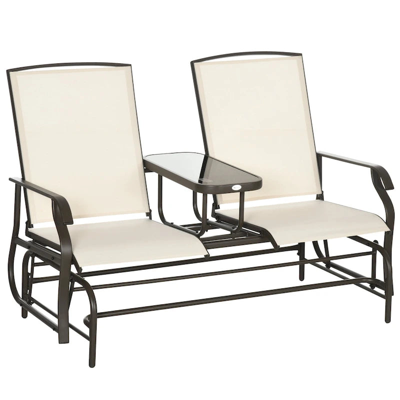 Balançoire de jardin Outsunny 2 places avec table centrale, cadre en acier pour jardin, terrasse, beige