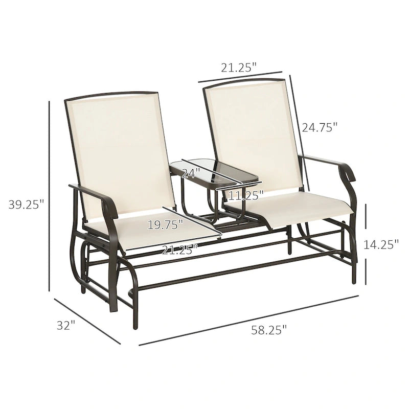 Balançoire de jardin Outsunny 2 places avec table centrale, cadre en acier pour jardin, terrasse, beige