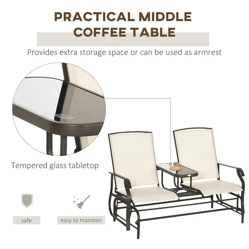 Balançoire de jardin Outsunny 2 places avec table centrale, cadre en acier pour jardin, terrasse, beige