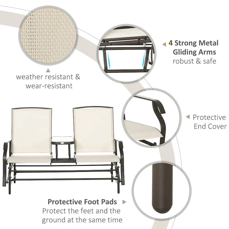 Balançoire de jardin Outsunny 2 places avec table centrale, cadre en acier pour jardin, terrasse, beige