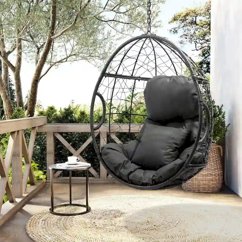 Fauteuil suspendu de jardin en forme d'œuf en osier ou fauteuil suspendu en rotin PE avec coussin – 28 P x 39 L x 60 H