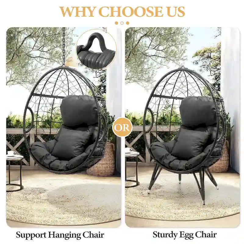 Fauteuil suspendu de jardin en forme d'œuf en osier ou fauteuil suspendu en rotin PE avec coussin – 28 P x 39 L x 60 H