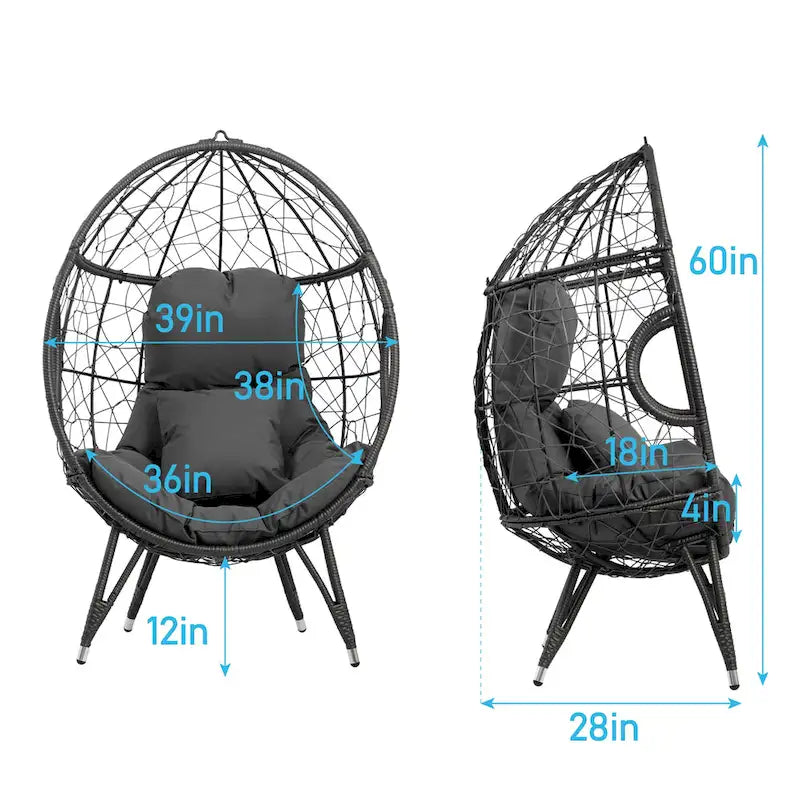 Fauteuil suspendu de jardin en forme d'œuf en osier ou fauteuil suspendu en rotin PE avec coussin – 28 P x 39 L x 60 H