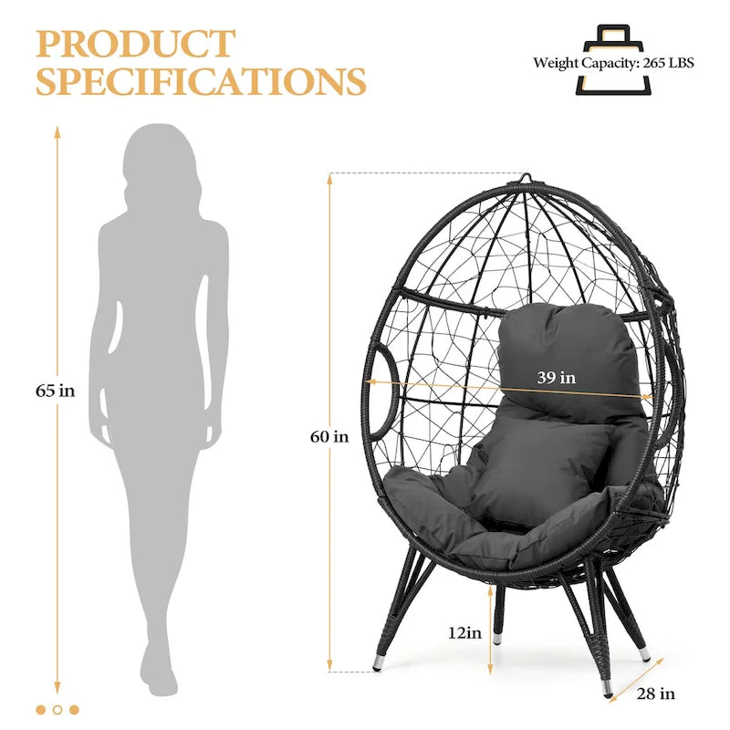 Fauteuil suspendu de jardin en forme d'œuf en osier ou fauteuil suspendu en rotin PE avec coussin – 28 P x 39 L x 60 H