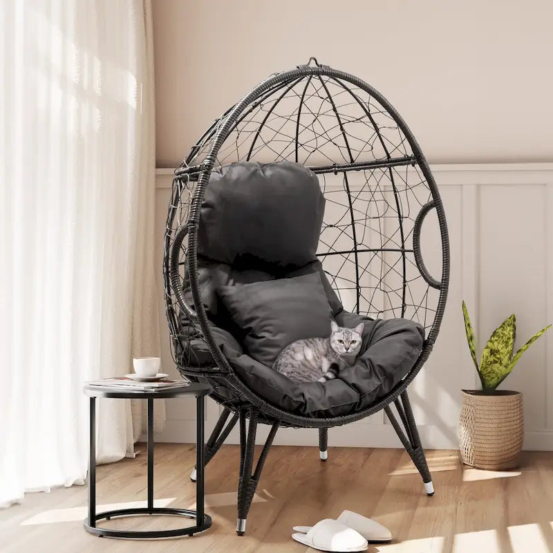Fauteuil suspendu de jardin en forme d'œuf en osier ou fauteuil suspendu en rotin PE avec coussin – 28 P x 39 L x 60 H