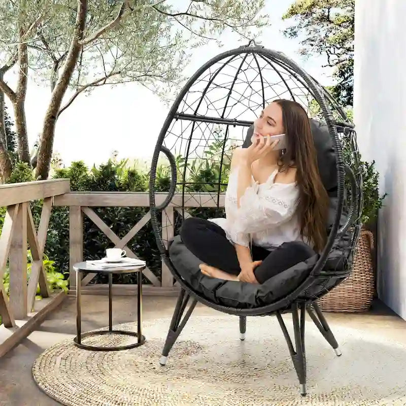 Fauteuil suspendu de jardin en forme d'œuf en osier ou fauteuil suspendu en rotin PE avec coussin – 28 P x 39 L x 60 H