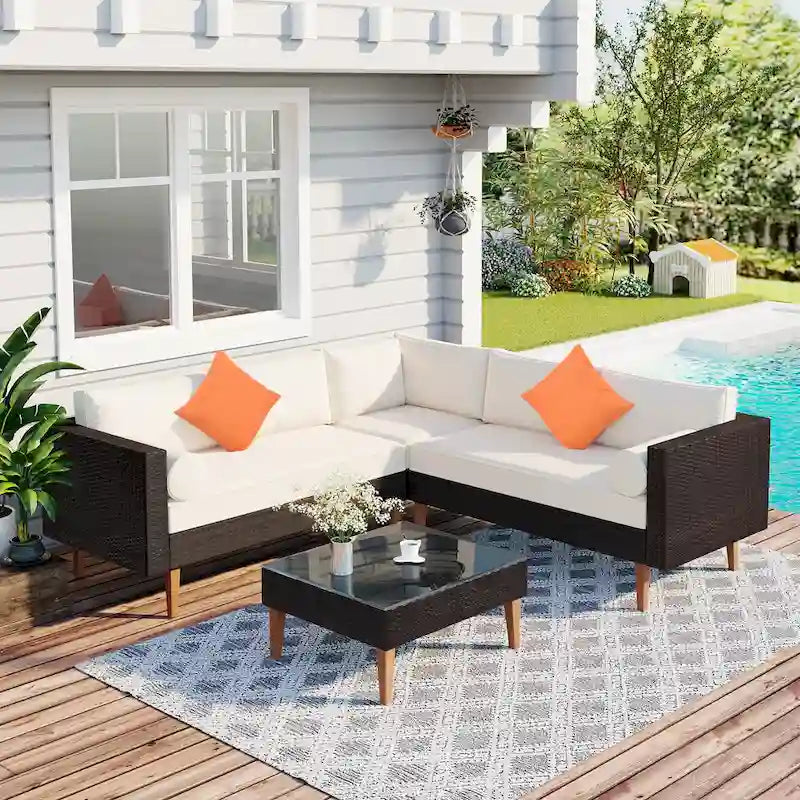 GO 4-pieces Outdoor Wicker Sofa Set, Patio Furniture with Colorful Pillows, L-shape sofa set, Beige cushions and Brown Rattan