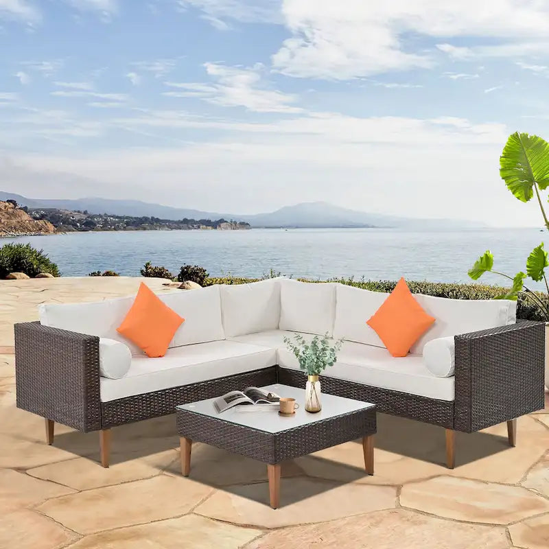 GO Salon de jardin en osier 4 pièces, mobilier de patio avec coussins colorés, canapé d'angle, coussins beiges et rotin marron