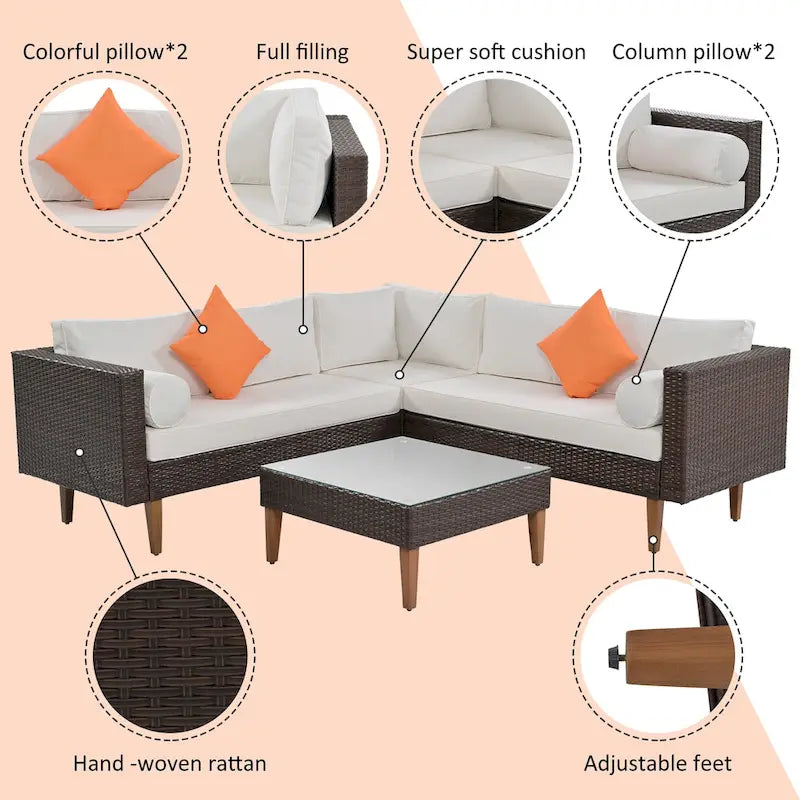 GO Salon de jardin en osier 4 pièces, mobilier de patio avec coussins colorés, canapé d'angle, coussins beiges et rotin marron