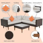 GO Salon de jardin en osier 4 pièces, mobilier de patio avec coussins colorés, canapé d'angle, coussins beiges et rotin marron