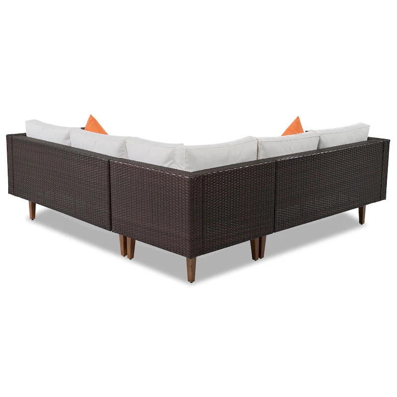 GO Salon de jardin en osier 4 pièces, mobilier de patio avec coussins colorés, canapé d'angle, coussins beiges et rotin marron