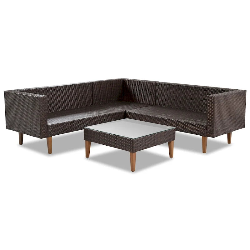 GO Salon de jardin en osier 4 pièces, mobilier de patio avec coussins colorés, canapé d'angle, coussins beiges et rotin marron