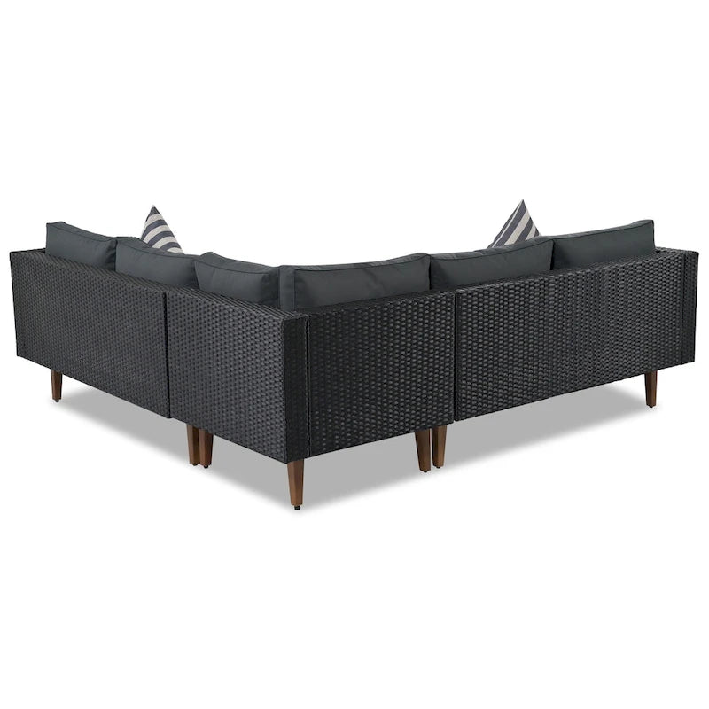 GO Salon de jardin en osier 4 pièces, mobilier de patio avec coussins colorés, canapé d'angle, coussins beiges et rotin marron