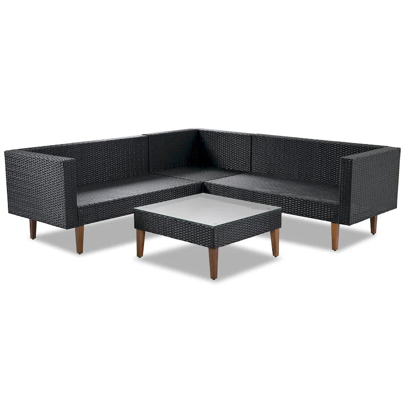 GO Salon de jardin en osier 4 pièces, mobilier de patio avec coussins colorés, canapé d'angle, coussins beiges et rotin marron