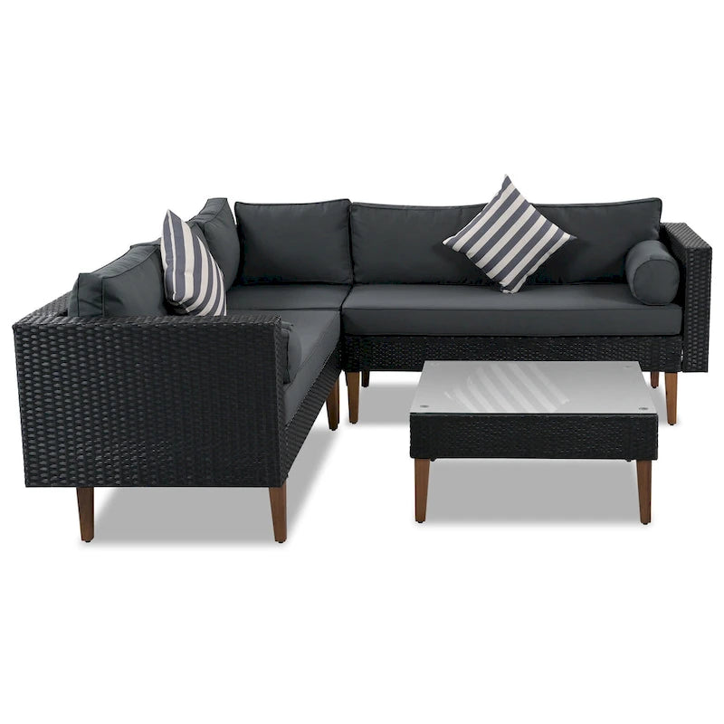 GO Salon de jardin en osier 4 pièces, mobilier de patio avec coussins colorés, canapé d'angle, coussins beiges et rotin marron