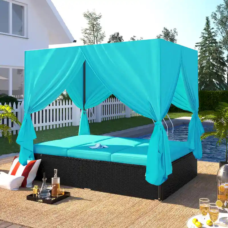 U_STYLE Lit de Repos Extérieur en Rotin Tressé avec Coussins, Sièges Ajustables