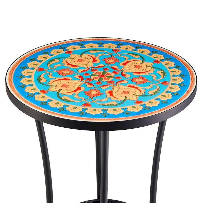 CO-Z 14-Inch Round Side Table and Outdoor Plant Stand Ceramic Tile Top