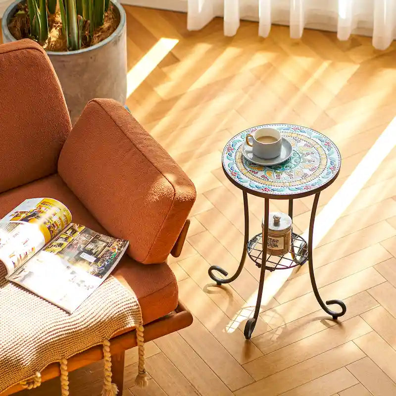 CO-Z 14-Inch Round Side Table and Outdoor Plant Stand Ceramic Tile Top