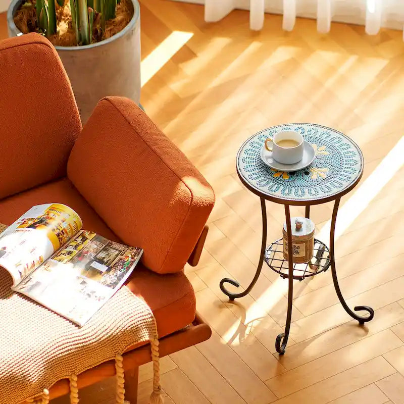 CO-Z Table d'appoint ronde 14 pouces et support pour plantes d'extérieur avec plateau en carreaux de céramique