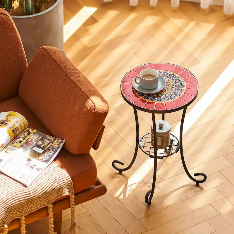 CO-Z Table d'appoint ronde 14 pouces et support pour plantes d'extérieur avec plateau en carreaux de céramique