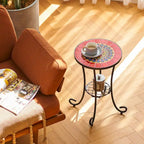 CO-Z Table d'appoint ronde 14 pouces et support pour plantes d'extérieur avec plateau en carreaux de céramique