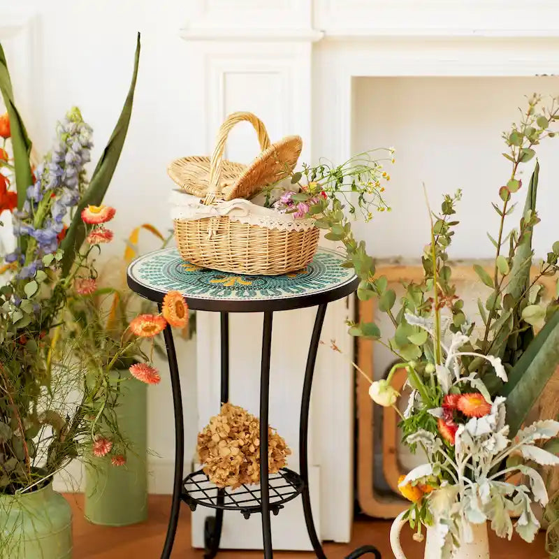 CO-Z Table d'appoint ronde 14 pouces et support pour plantes d'extérieur avec plateau en carreaux de céramique