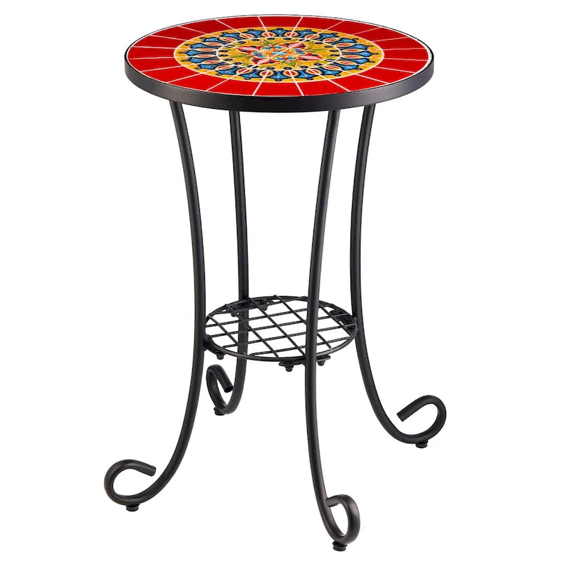 CO-Z Table d'appoint ronde 14 pouces et support pour plantes d'extérieur avec plateau en carreaux de céramique
