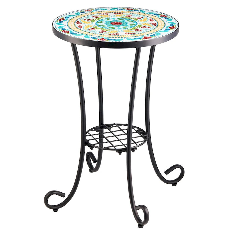 CO-Z Table d'appoint ronde 14 pouces et support pour plantes d'extérieur avec plateau en carreaux de céramique