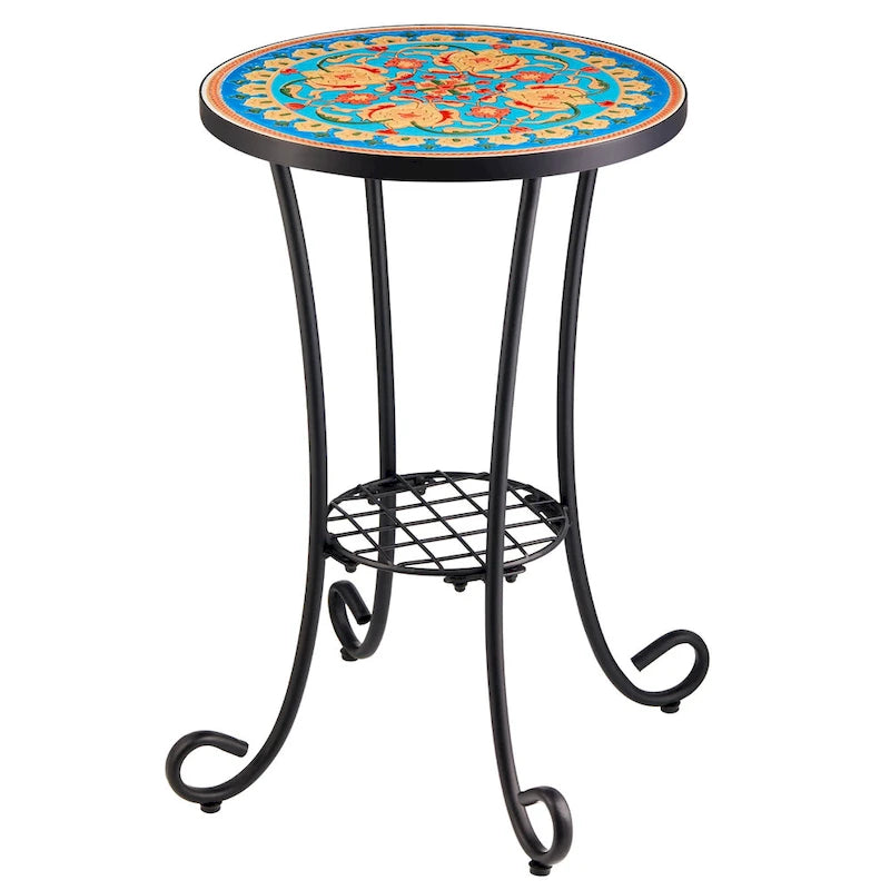CO-Z Table d'appoint ronde 14 pouces et support pour plantes d'extérieur avec plateau en carreaux de céramique