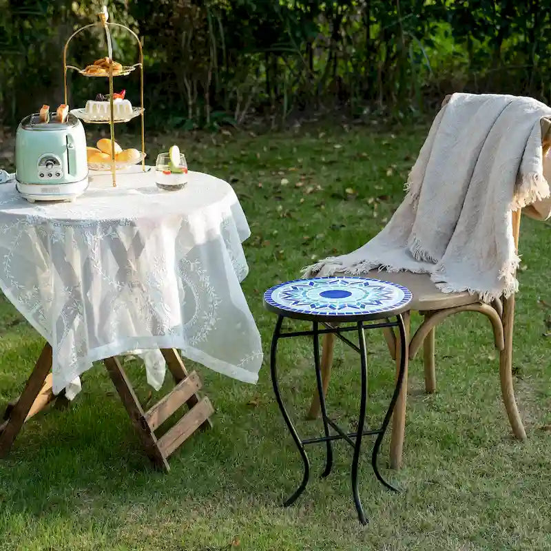 Outdoor Patio Side Table Round Ceramic Tile End Table