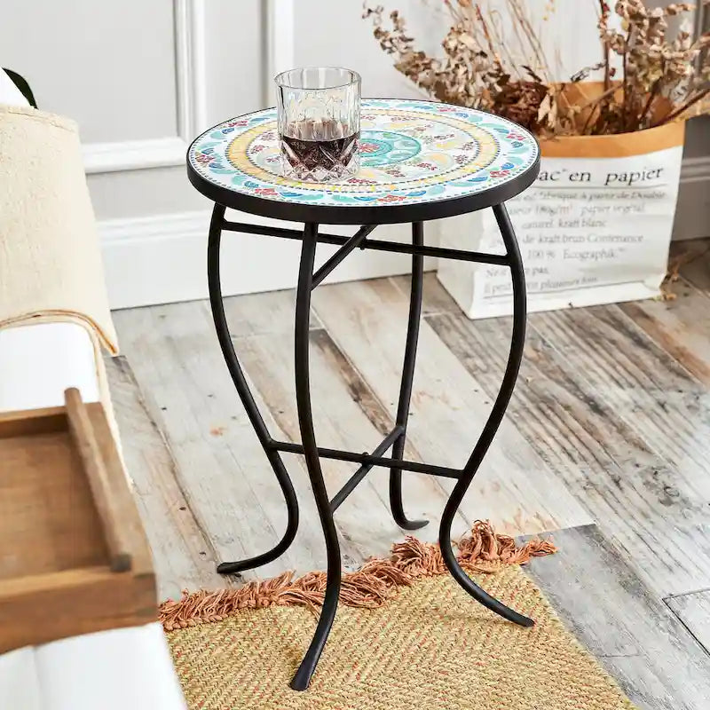 Table d'appoint de patio extérieur, table d'appoint ronde en carreaux de céramique