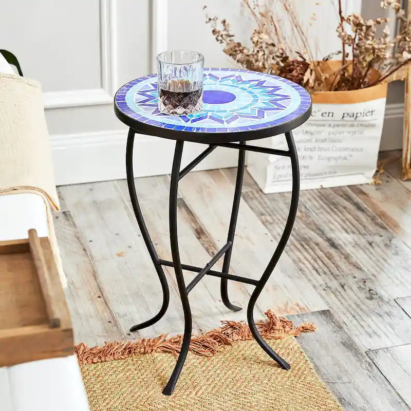 Table d'appoint de patio extérieur, table d'appoint ronde en carreaux de céramique