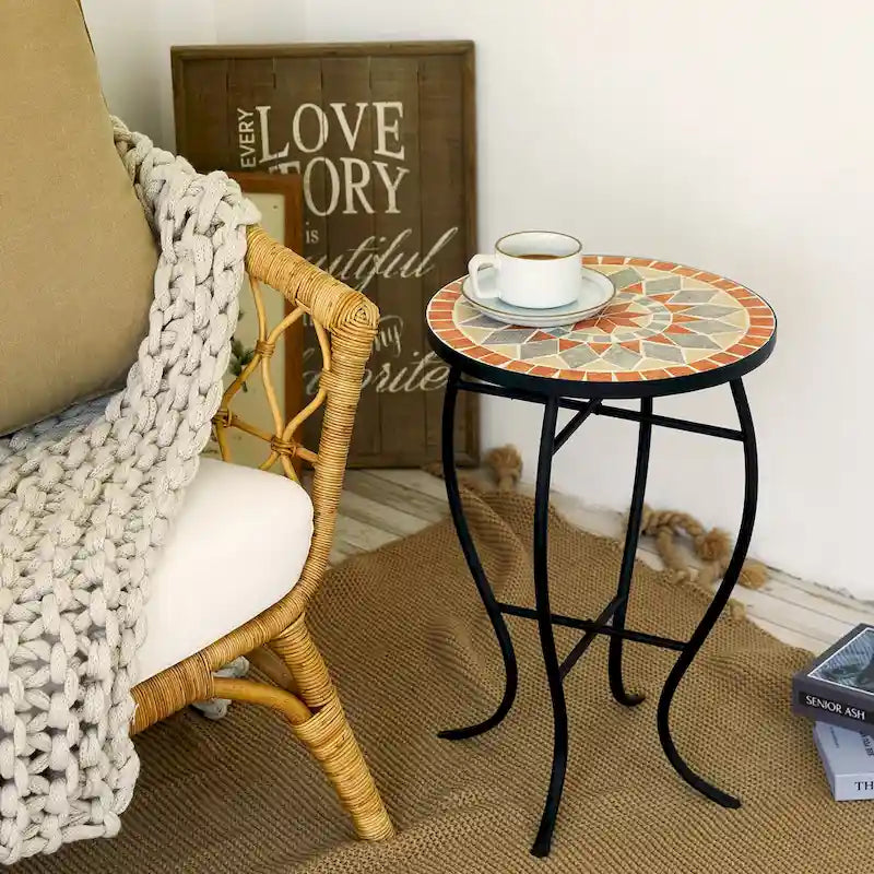 Table d'appoint de patio extérieur, table d'appoint ronde en carreaux de céramique
