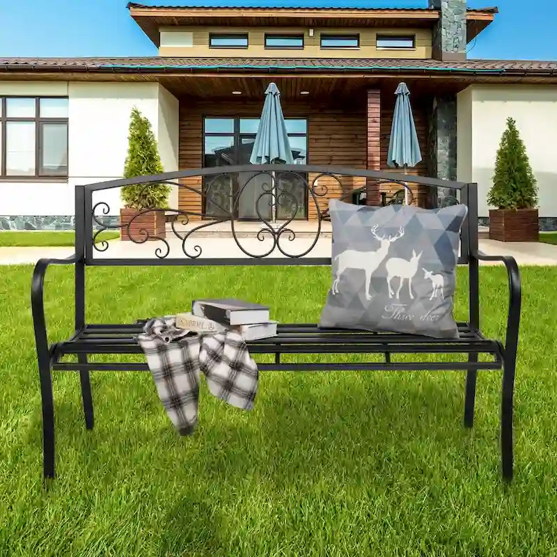 51 Patio Park Garden Outdoor Bench Patio Porch Chair Deck Iron Frame Black