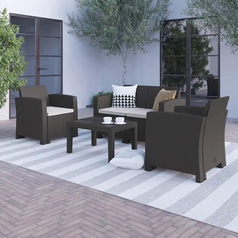 Ensemble 4 pièces de chaises, causeuse et table d'extérieur en rotin synthétique - 27P x 26,75 - 47L x 30H