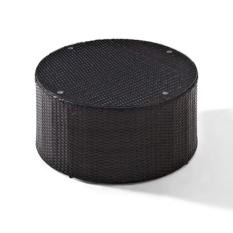 Table basse ronde d'extérieur Crosley Catalina en osier brun avec plateau en verre