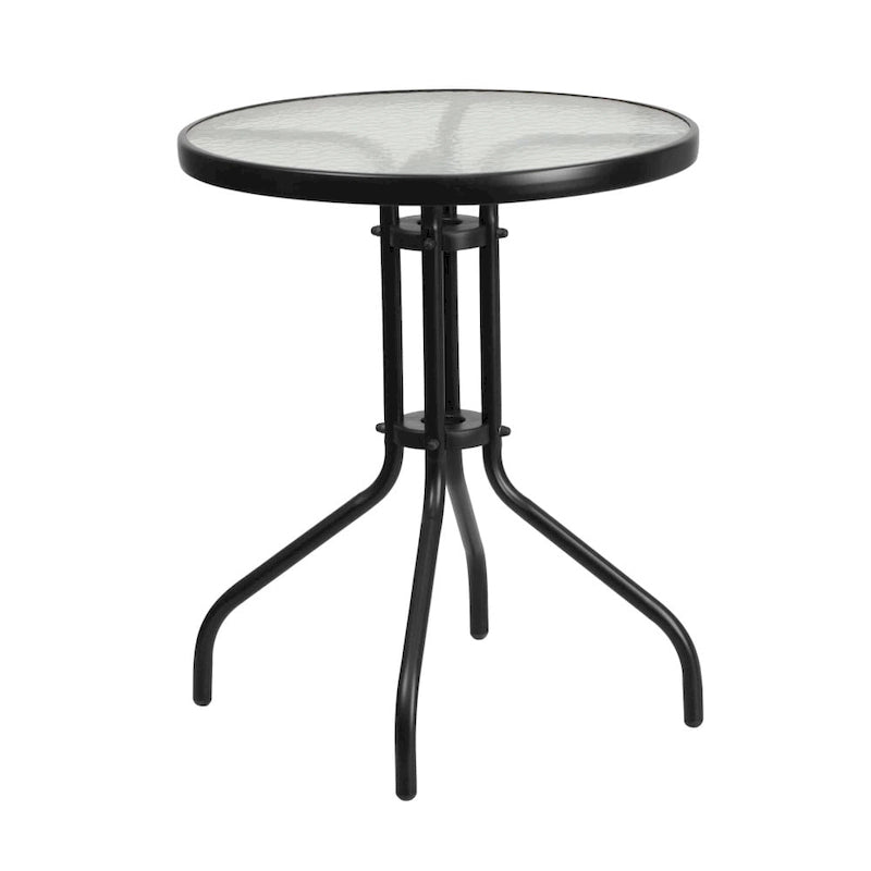 Table en métal en verre trempé rond de 23,75 po avec plateau à motif d'ondulations lisses