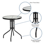 Table en métal en verre trempé rond de 23,75 po avec plateau à motif d'ondulations lisses